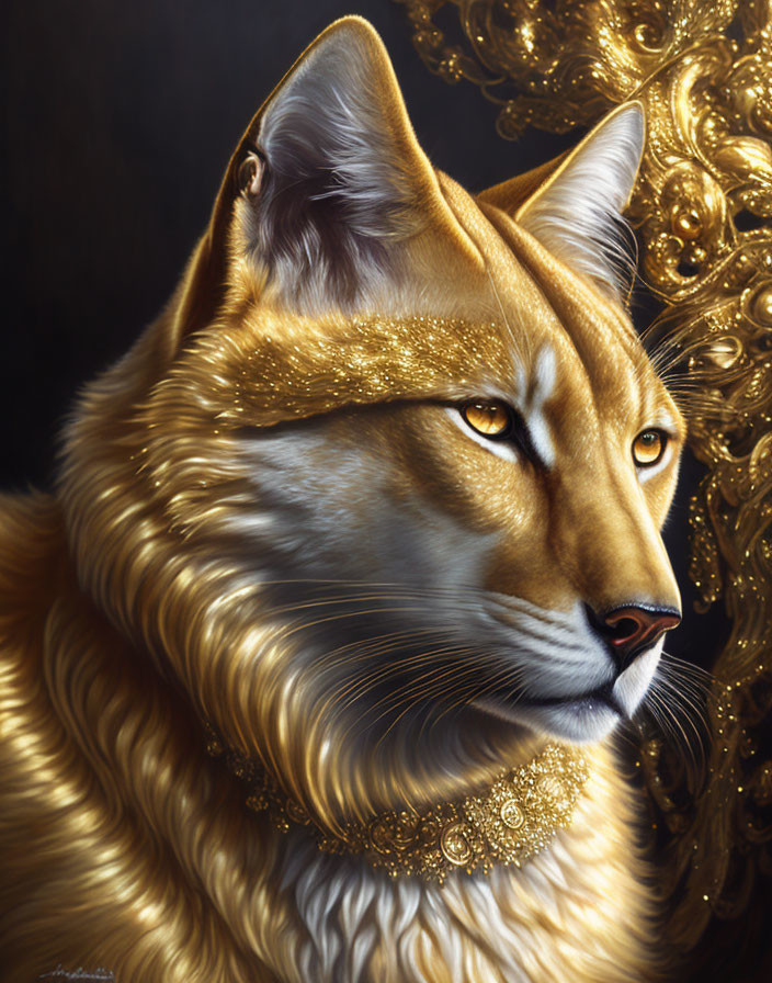 Regal golden fox with intricate jewelry on dark background