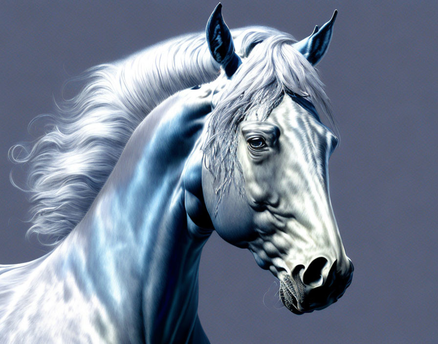 Detailed digital illustration of majestic grey horse with flowing mane on soft blue backdrop