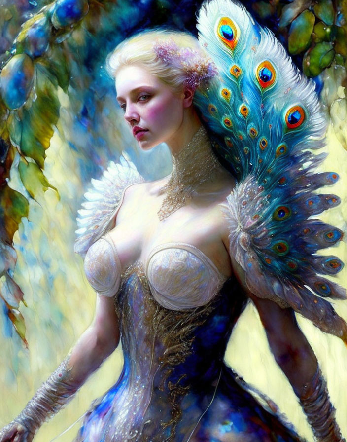 Fantasy Artwork: Pale woman with peacock feather wings and elaborate costume