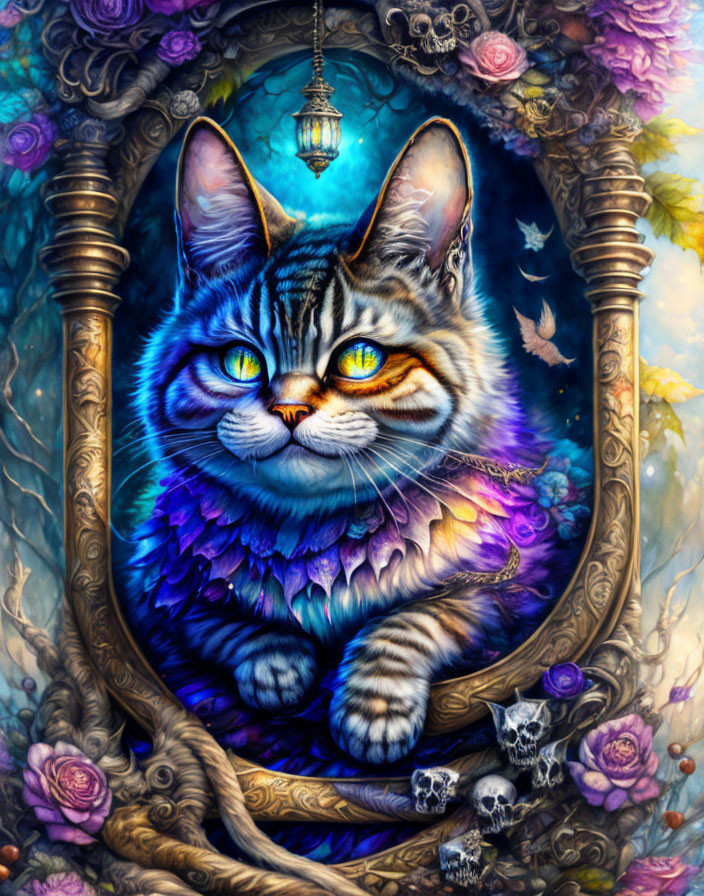 Colorful Majestic Cat Painting with Yellow Eyes and Floral Patterns