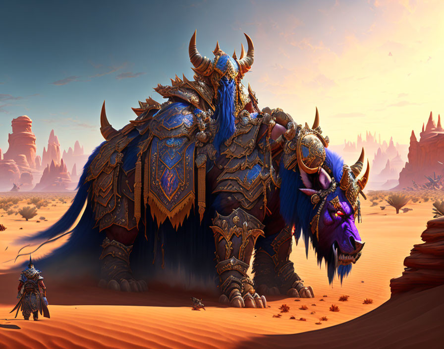 Armored warrior on bull-like beast in desert landscape