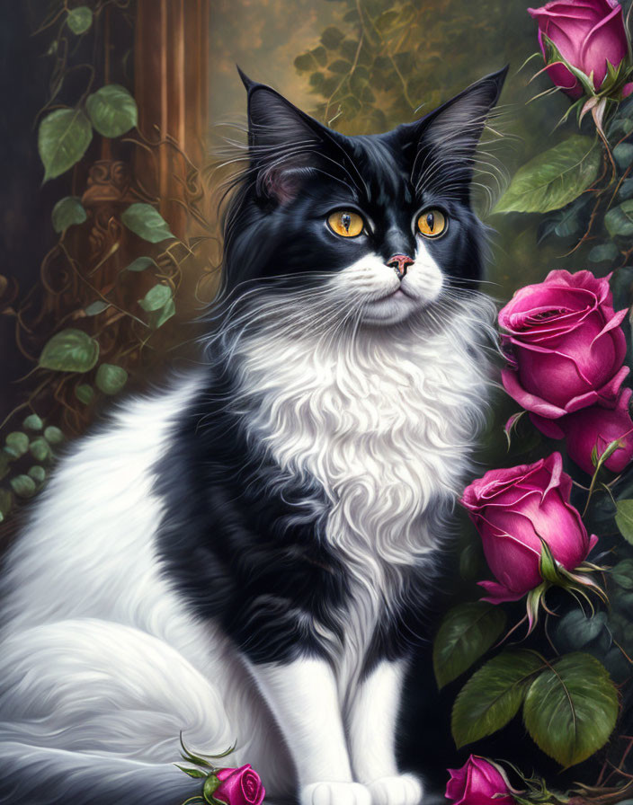 Black and white cat with yellow eyes by pink roses in garden scene