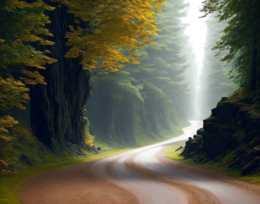 Serene forest scene: winding dirt road, sunlight on vibrant foliage