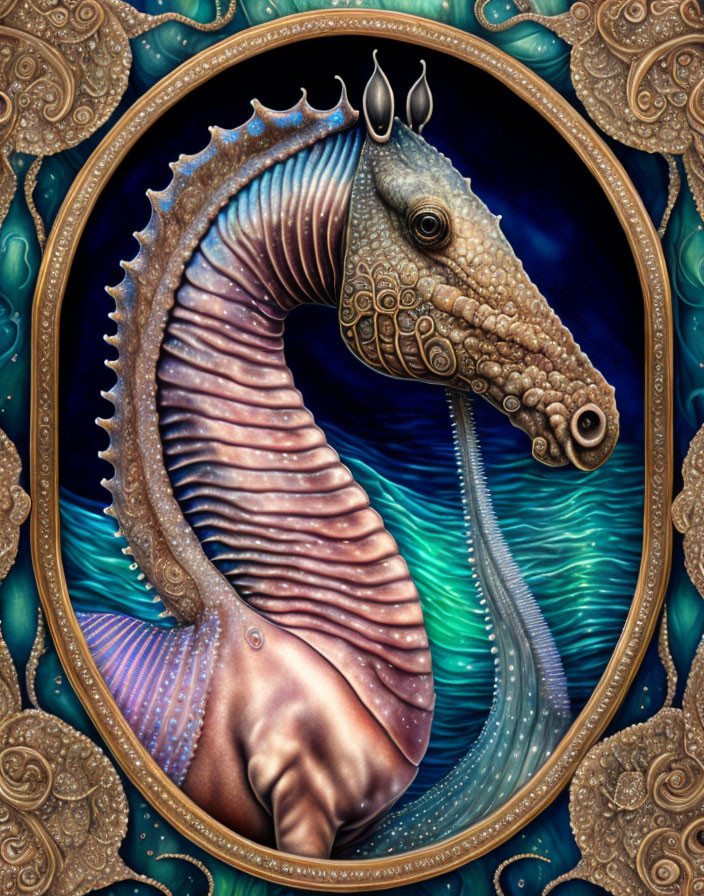 Detailed seahorse art in ornate oval frame on swirling blue background