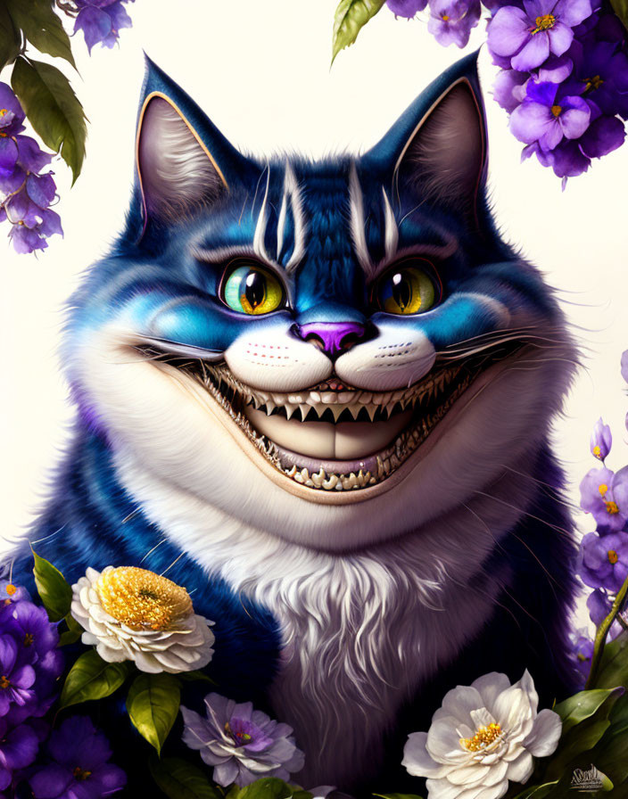 Colorful Grinning Cat Surrounded by Flowers