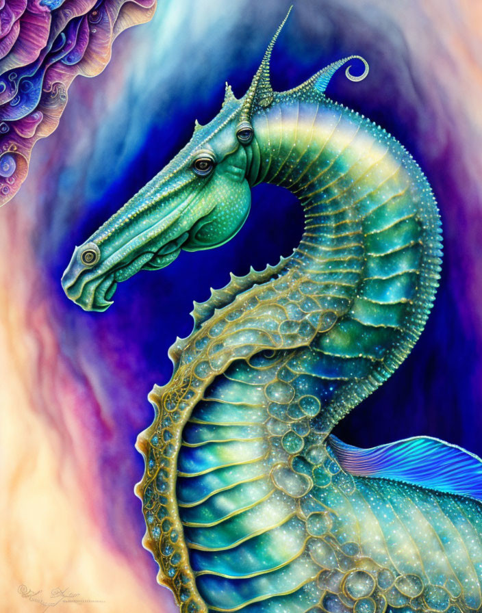 Colorful seahorse illustration with intricate patterns on swirling purple and blue background