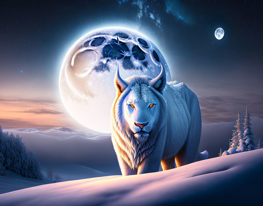 Blue-white lion with glowing eyes in snowy landscape under full moon with wolf silhouette