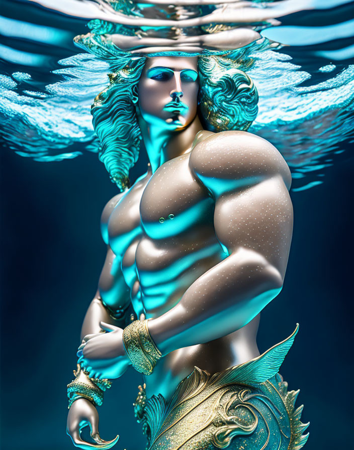 Mythological male figure with headdress and arm bracers in water on teal background