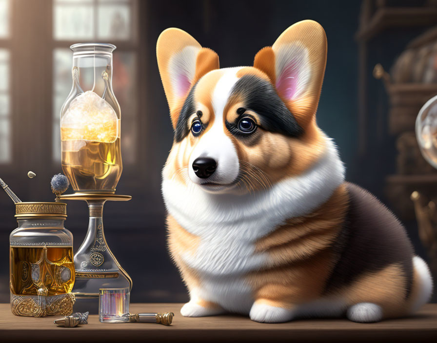 Adorable corgi with big eyes next to whiskey, honey jar, and smoking pipe in cozy