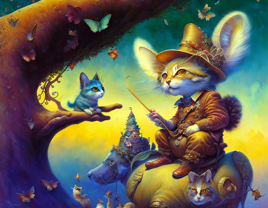 Anthropomorphic cat in hat fishing on branch with fantastical creatures