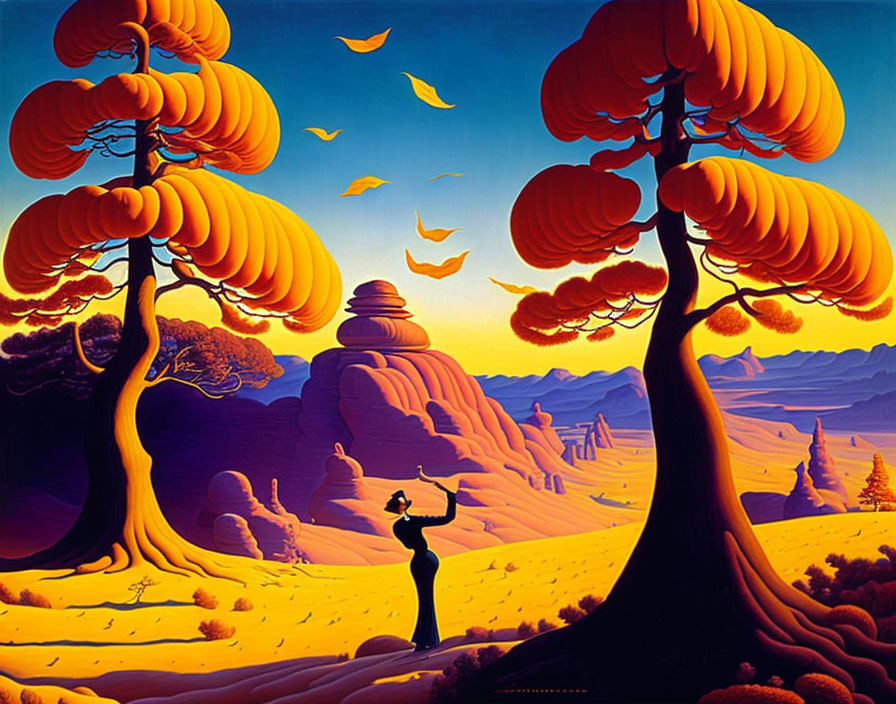 Autumnal painting featuring oversized trees, figure by beehive, and mountain landscape