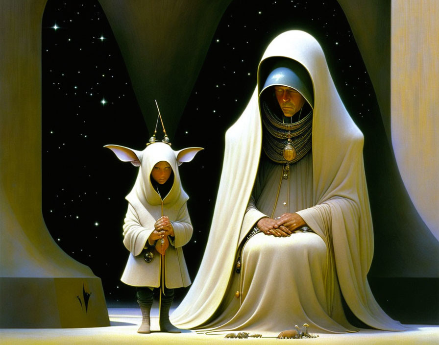 Futuristic robed figures against starry backdrop and abstract structure