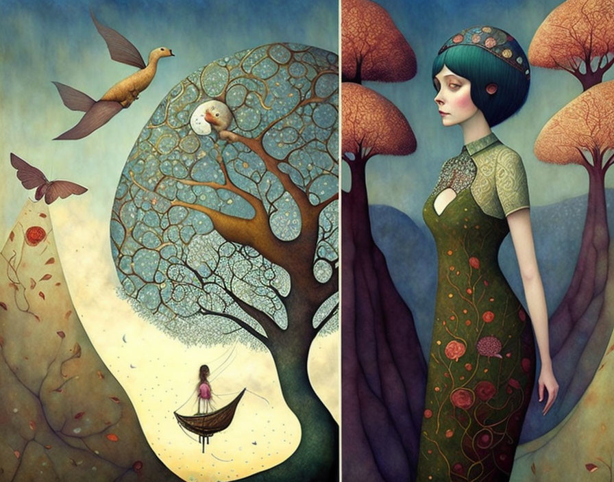 Surreal artwork featuring woman with tree-like body and whimsical nature scene