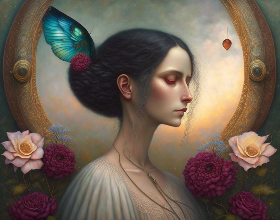 Woman with side bun among roses and butterflies in reflective portrait