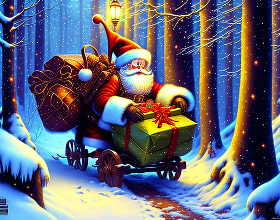 Santa Claus with gifts in snowy forest at night.