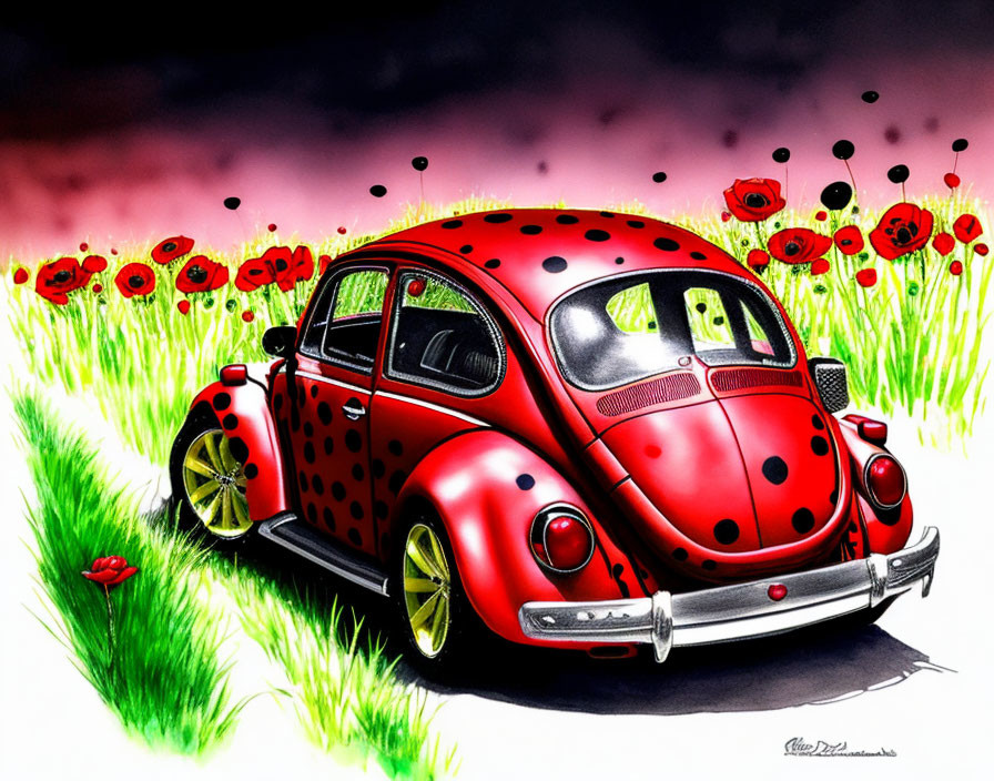 Red Ladybug-Themed Volkswagen Beetle Illustration with Poppy Field Background