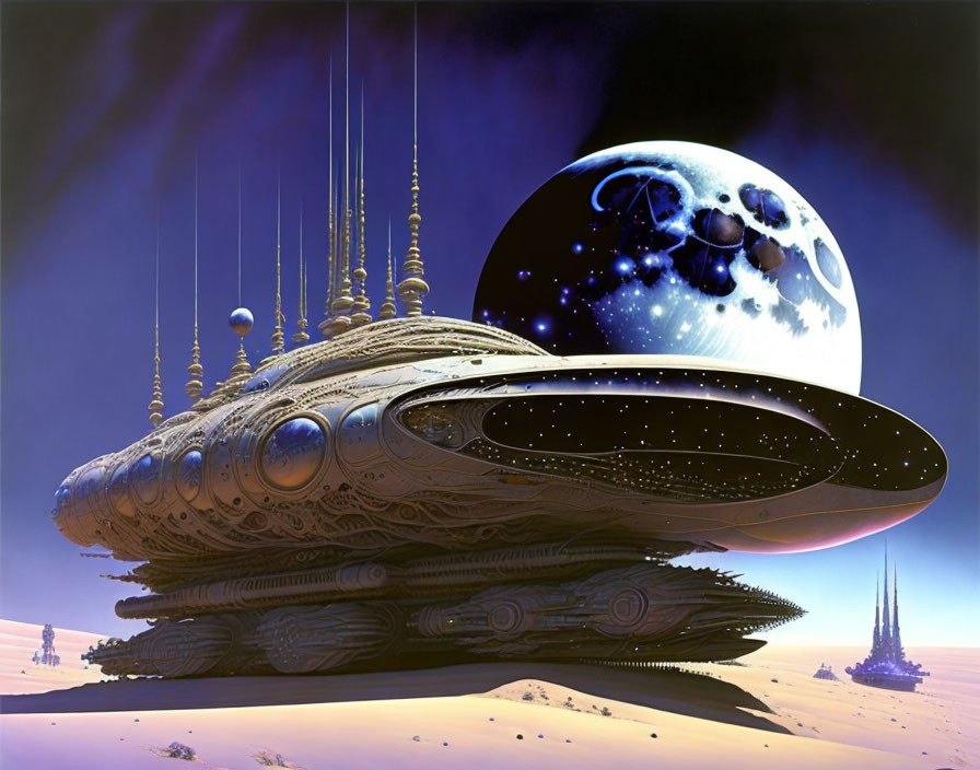 Intricate futuristic spaceship on alien planet with purple sky