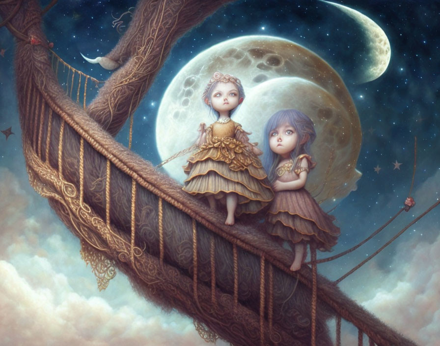 Ethereal children on fantastical bridge under giant moon