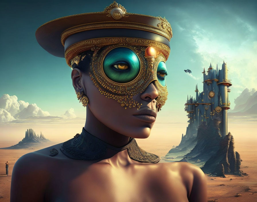 Surreal digital artwork of woman with ornate headgear in desert landscape