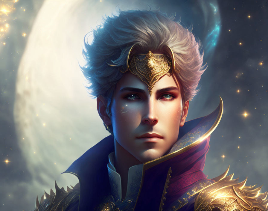 Fantasy character with golden armor under glowing moon