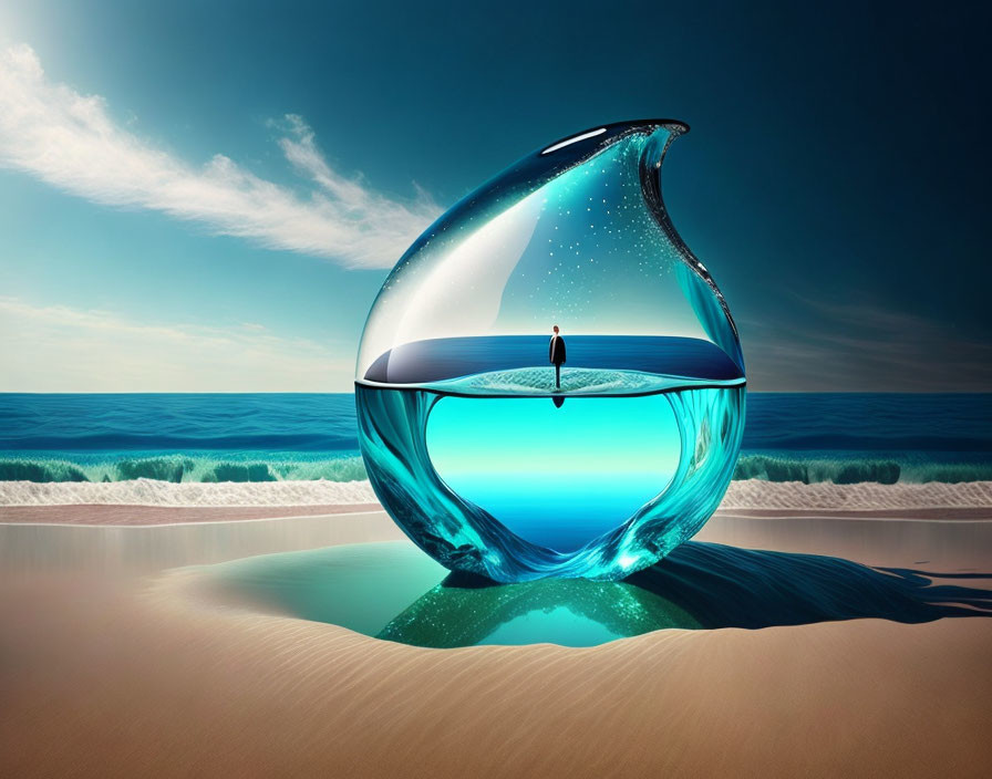 Transparent fishbowl on beach with dolphin, boat mirroring ocean.