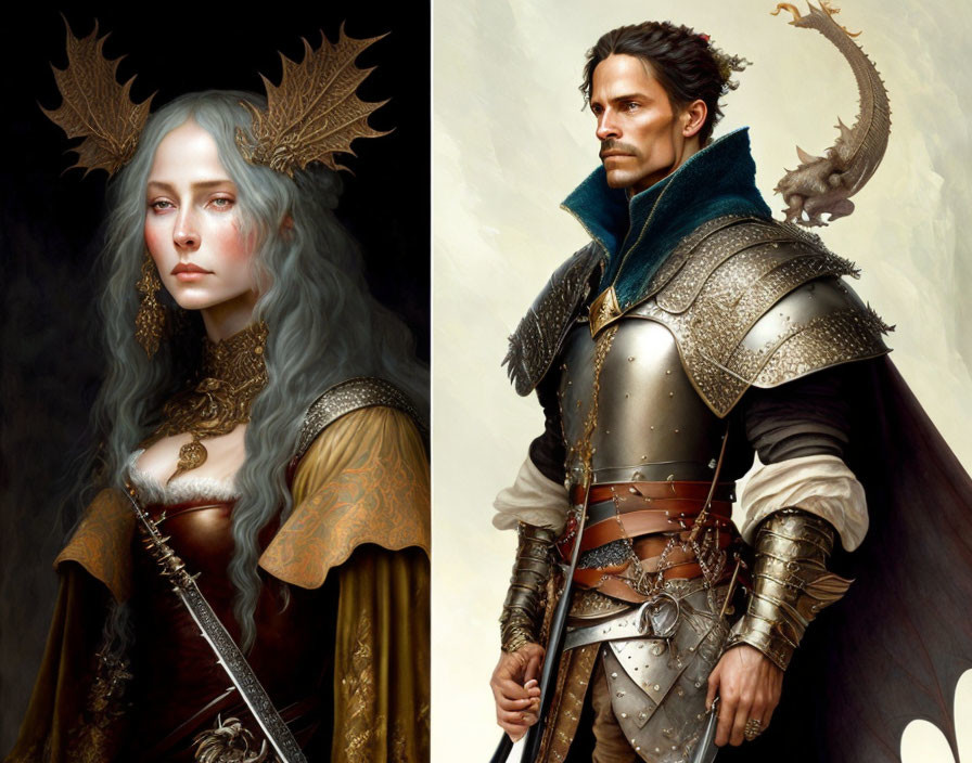 Digital painting: Pale queen with antler-like crown & knight in armor with dragon on shoulder in reg