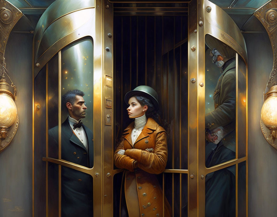 Luxurious elevator scene with brass details and elegant individuals in tuxedos.