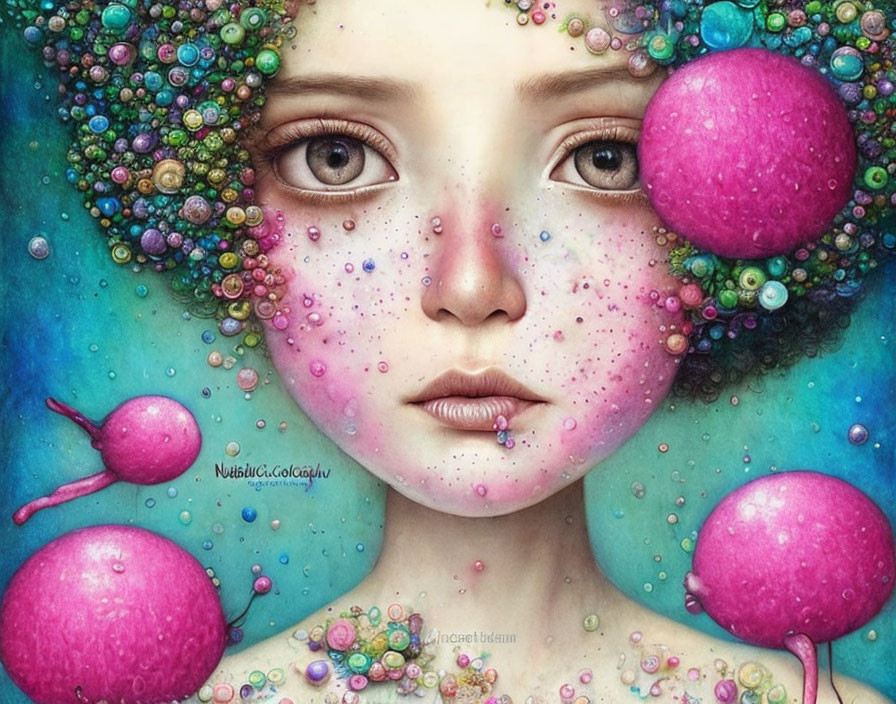 Whimsical girl illustration with vibrant eyes and colorful bubbles