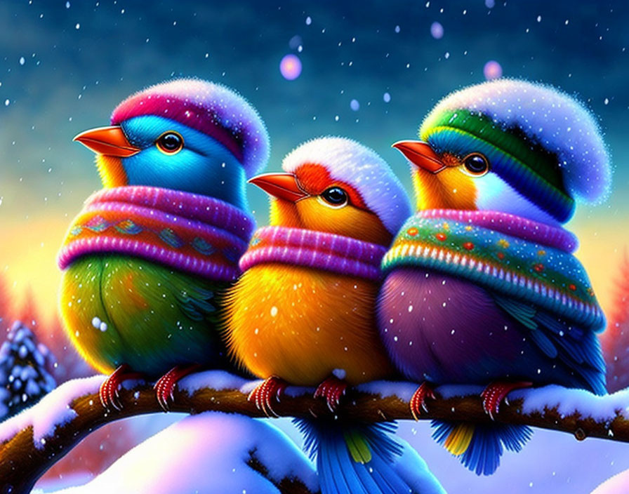 Colorful Cartoon Birds on Snowy Branch at Twilight