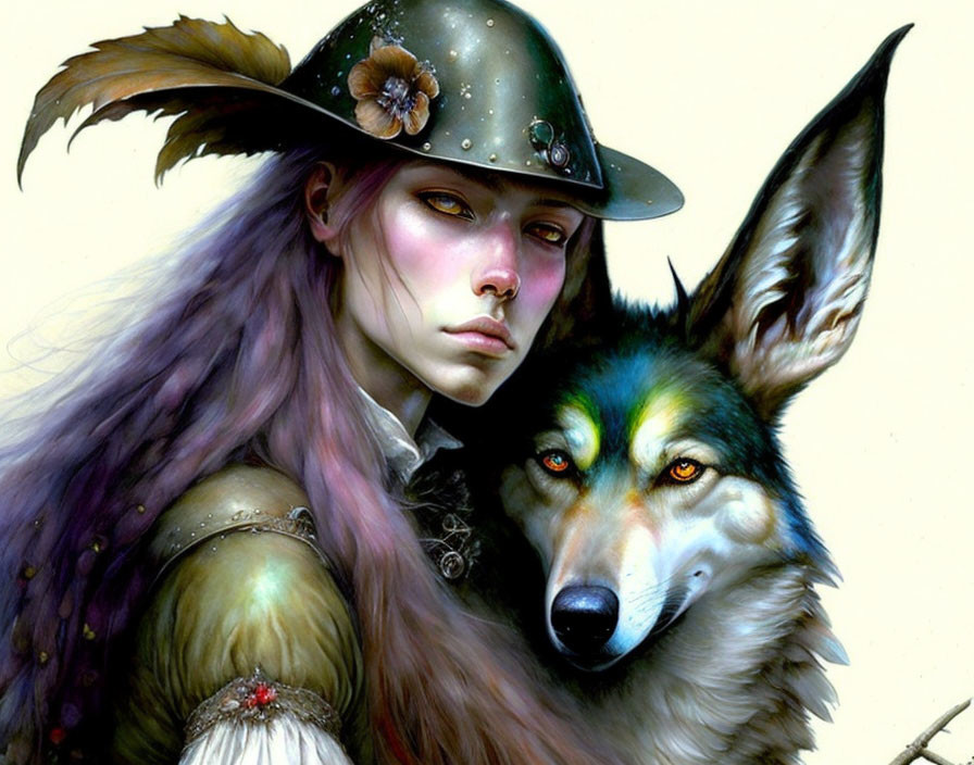 Fantasy illustration of woman with purple hair and wide-brimmed hat beside large wolf with multicol