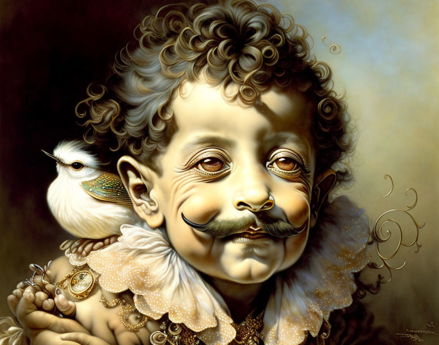 Exaggerated facial features portrait of a boy with curly hair and mustache, with a white bird