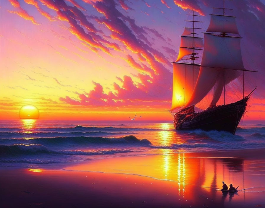 Vivid purple and orange sunset over calm sea with sailing ship and small boat.