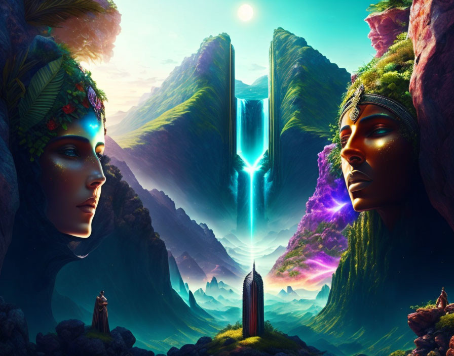 Fantasy landscape with colossal stone faces, waterfall, obelisk, and mountains