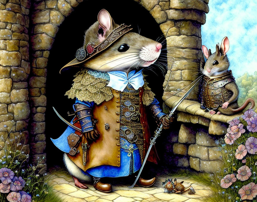 Regal mice in attire with sword by stone archway & greenery