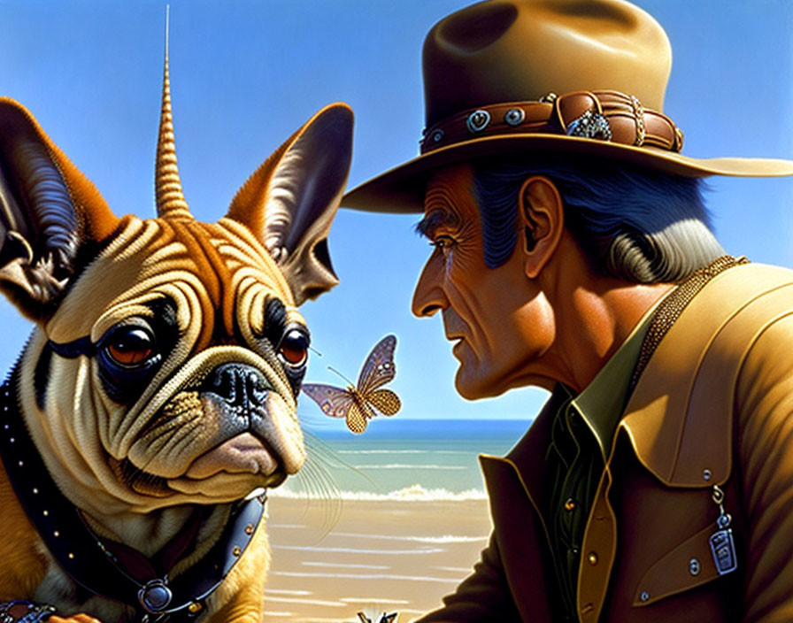 Realistic French Bulldog and Man with Cowboy Hat with Butterfly on Nose Beach Scene