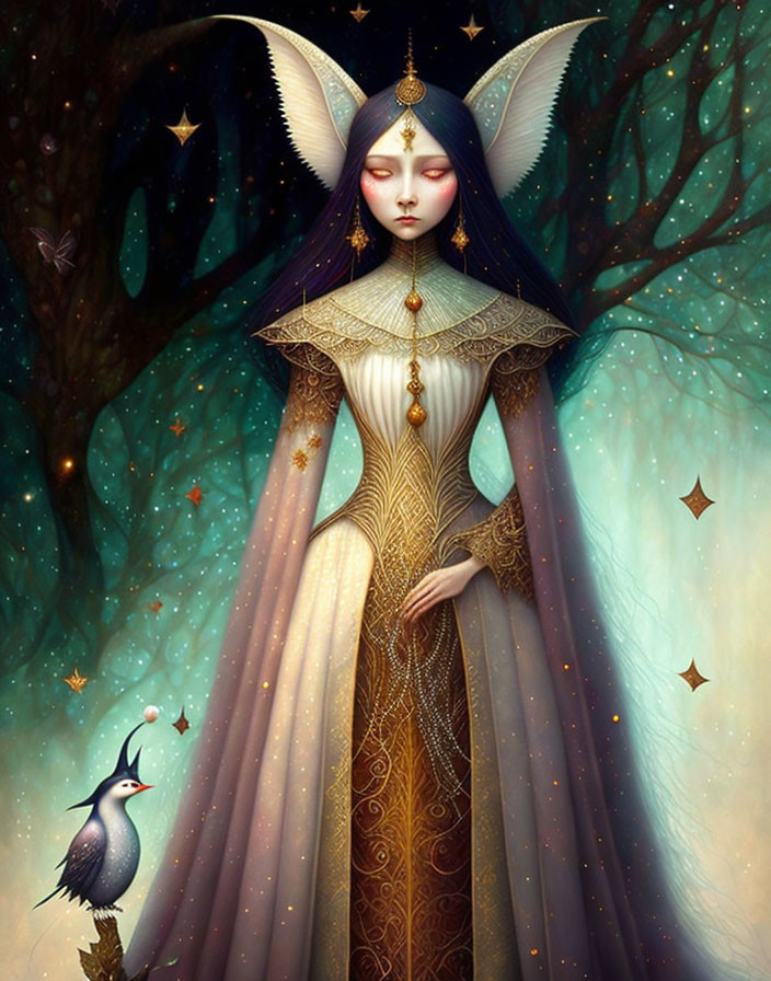 Elf-like character in ornate gown with crow in mystical forest