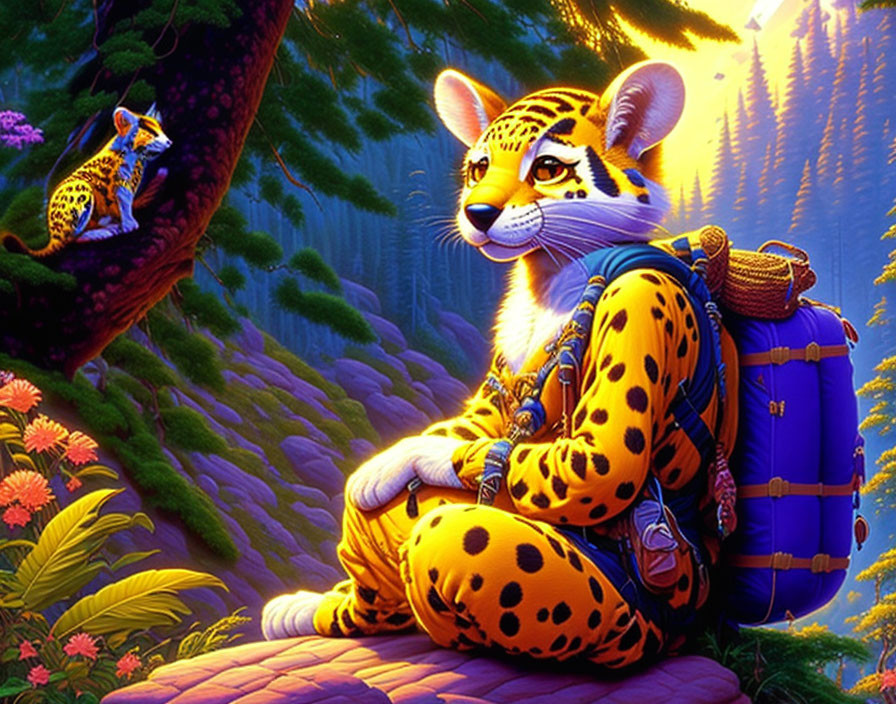 Anthropomorphic leopard in yellow hiking outfit with backpack in lush forest at sunset.