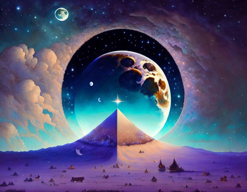 Surreal landscape with pyramid under starry sky