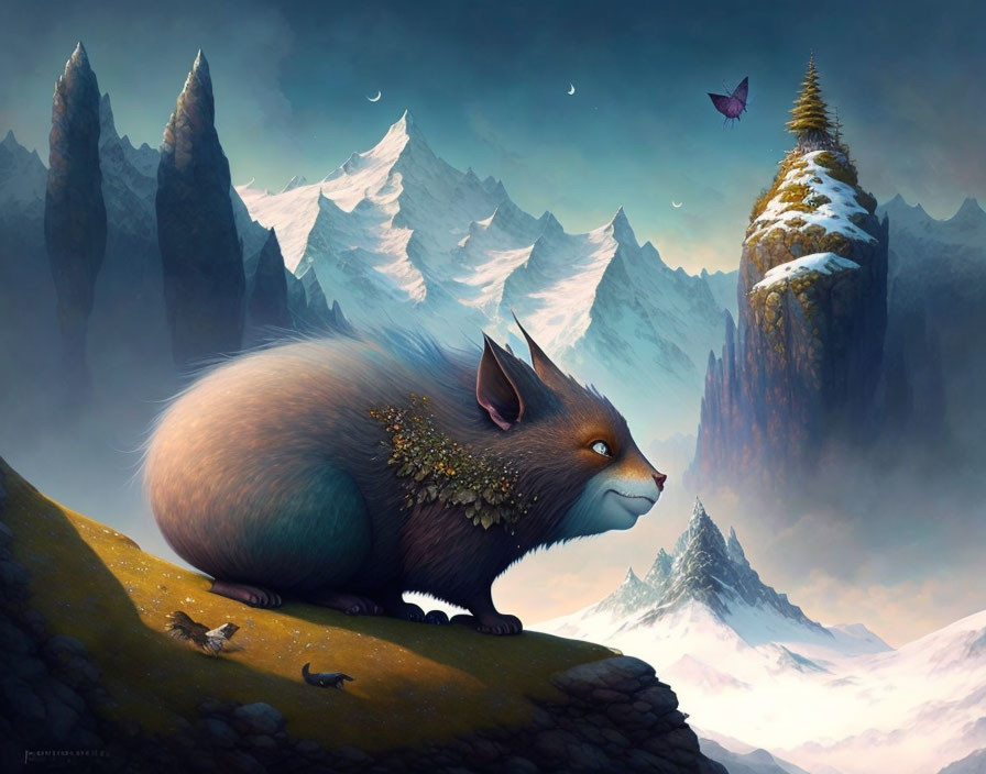 Whimsical giant fox in serene mountain landscape with butterfly and mouse