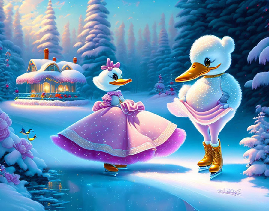 Anthropomorphic ducks ice-skating in snowy winter landscape