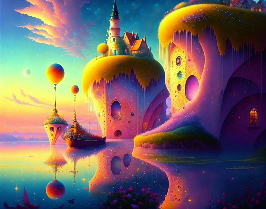 Colorful fantasy landscape with whimsical castles, lush hills, and serene lake at sunset