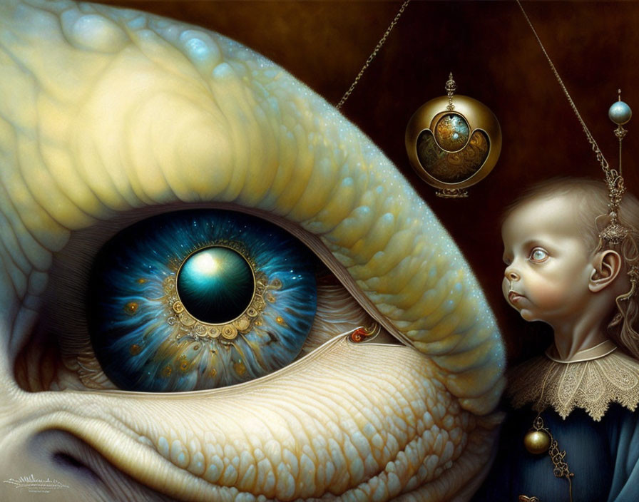 Surreal artwork: creature's large eye and child under pendulum