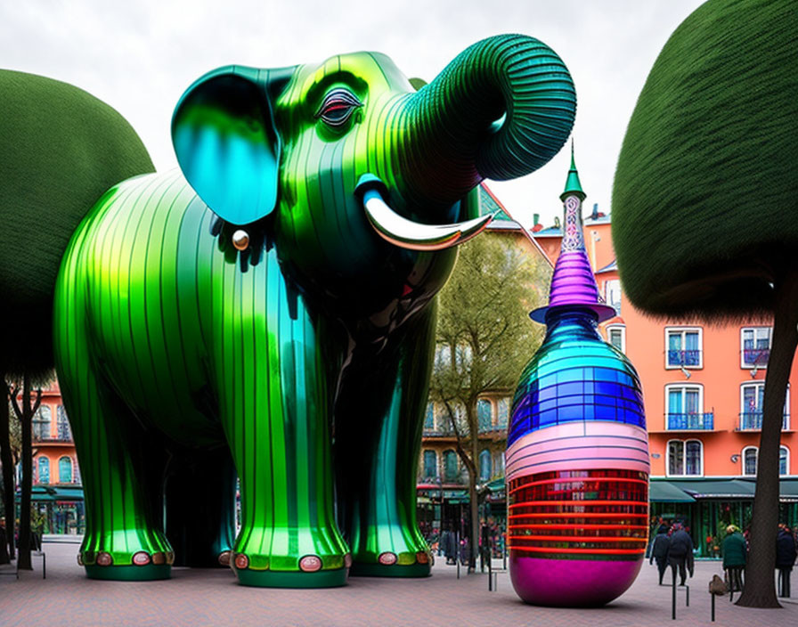 Green Inflatable Elephant Sculpture in Outdoor Plaza