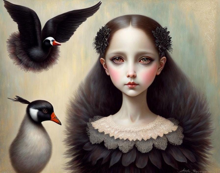 Girl with expressive eyes and flowers in dark hair with penguins