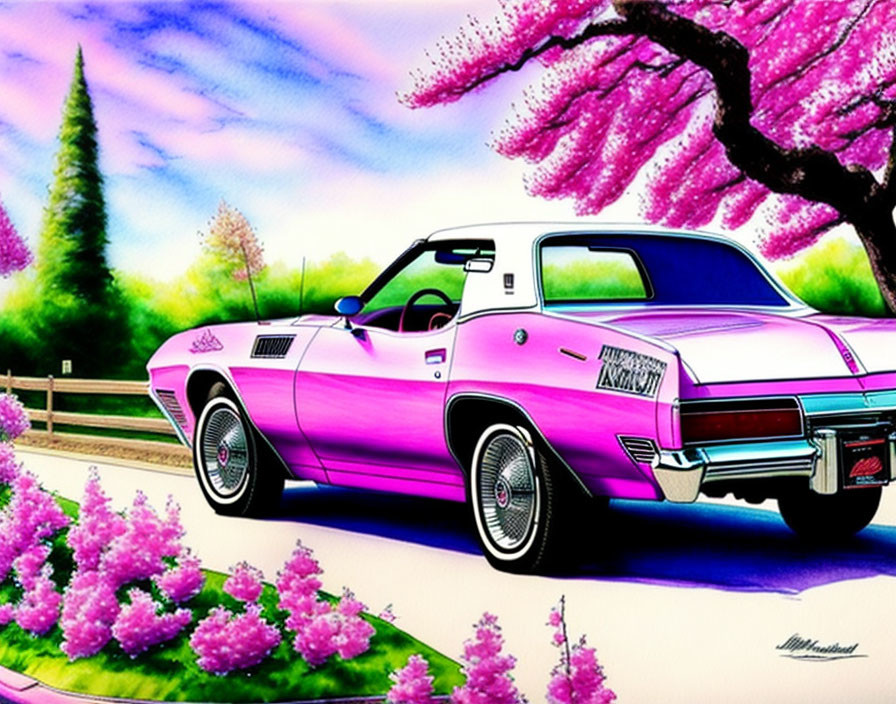 Pink vintage car under cherry blossom trees in vibrant illustration