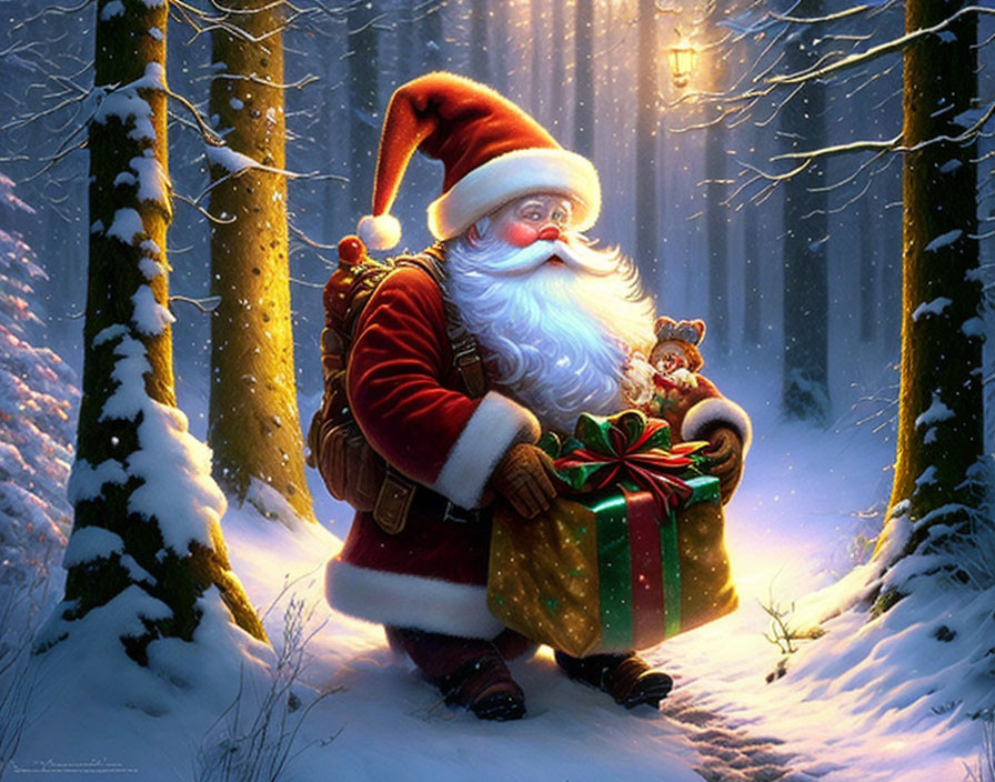 Festive Santa Claus with gift and sack in snowy forest