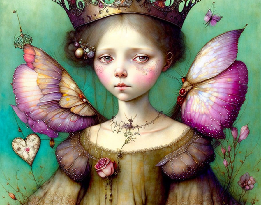 Whimsical painting of girl with butterfly wings and crown