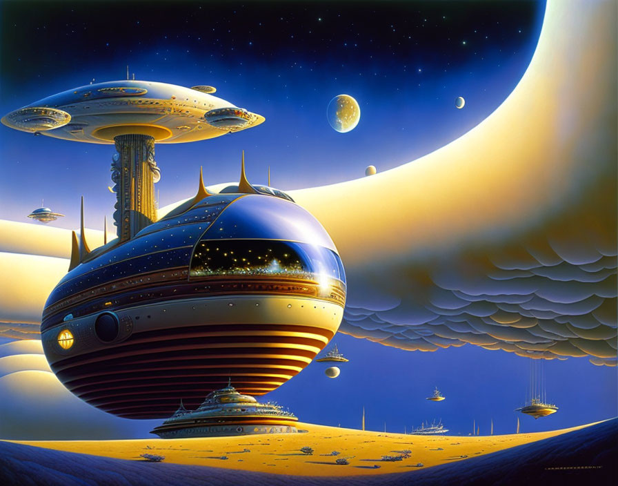 Futuristic spacecrafts over desert landscape with planets and stars