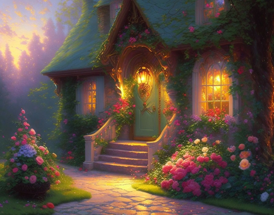 Charming cottage in lush garden at sunrise