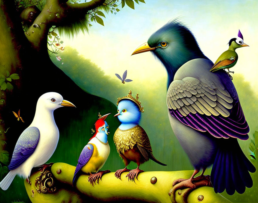 Colorful Birds in Fantastical Forest Digital Artwork